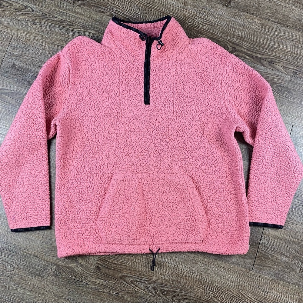 PINK Cozy Fleece Women L Pink Zip Drawstring Mock Neck Front Pocket Warm Outdoor